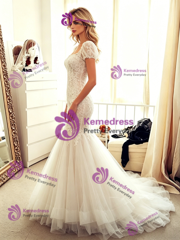 White Mermaid Tulle Lace Puff Sleeve Wedding Dress