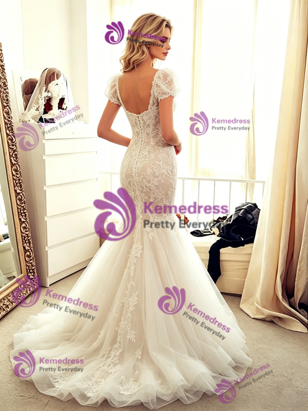 White Mermaid Tulle Lace Puff Sleeve Wedding Dress