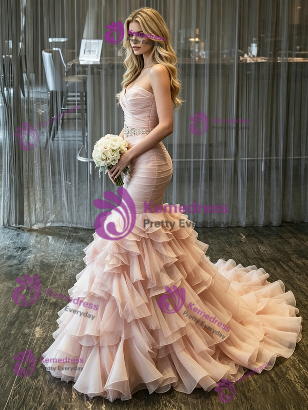 Pink Mermaid Tulle Strapless Pleats Wedding Dress