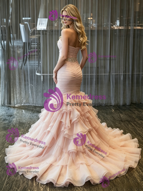 Pink Mermaid Tulle Strapless Pleats Wedding Dress