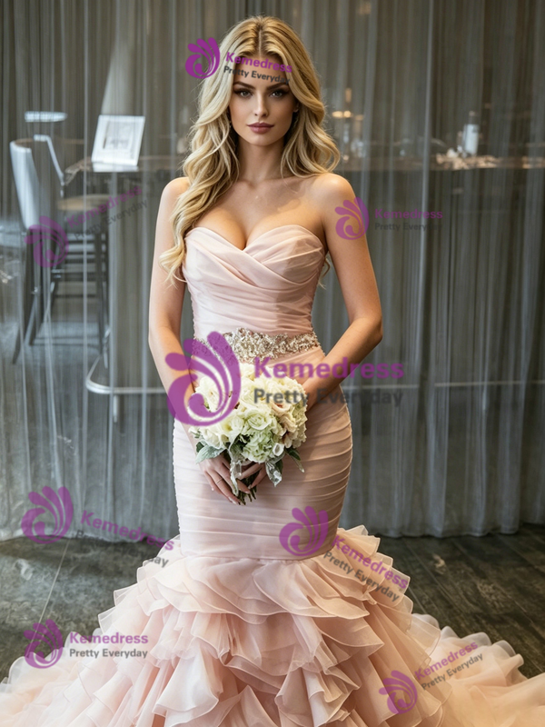 Pink Mermaid Tulle Strapless Pleats Wedding Dress