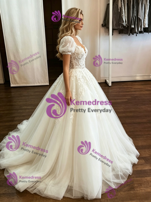 White Tulle Puff Sleeve Appliques Wedding Dress