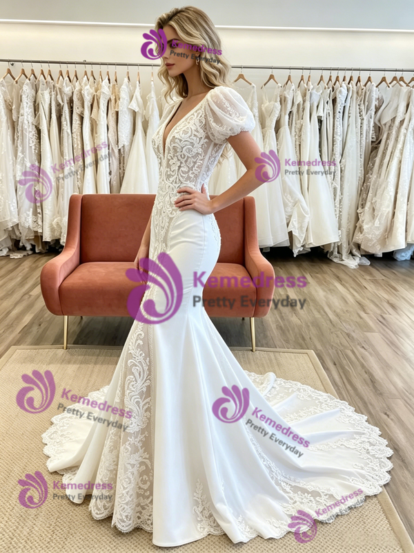 White Mermaid V-neck Puff Sleeve Appliques Wedding Dress