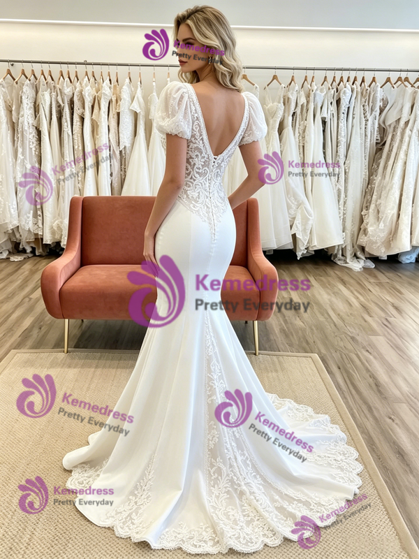 White Mermaid V-neck Puff Sleeve Appliques Wedding Dress