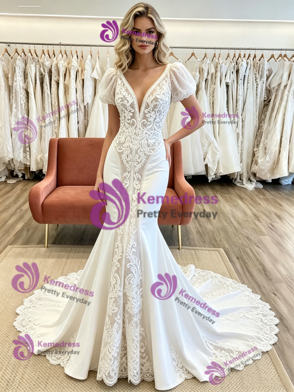 White Mermaid V-neck Puff Sleeve Appliques Wedding Dress