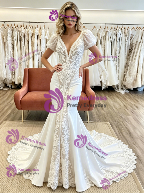 White Mermaid V-neck Puff Sleeve Appliques Wedding Dress