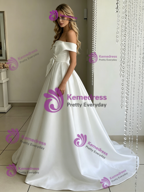 White Satin Off the Shoulder Wedding Dress