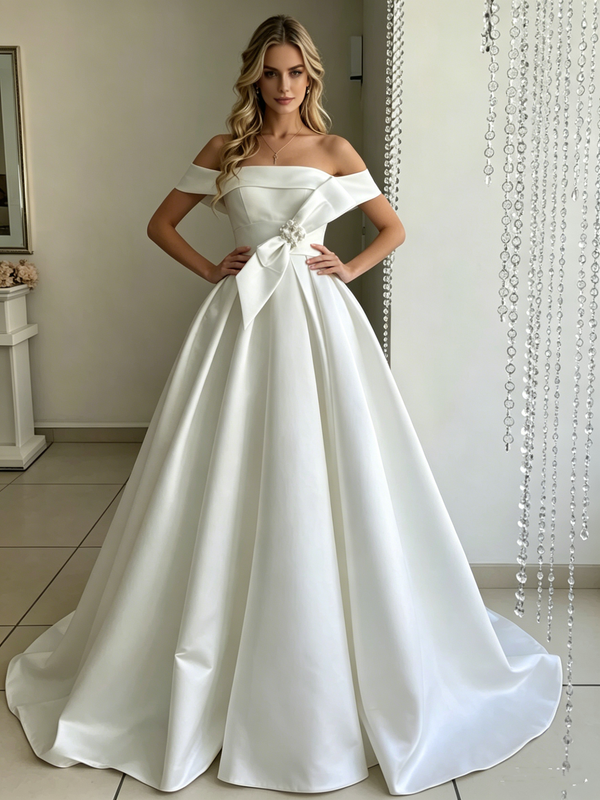 White Satin Off the Shoulder Wedding Dress