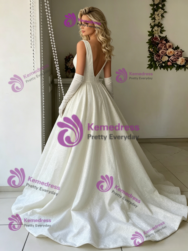 White V-neck Sequins Wedding Dress