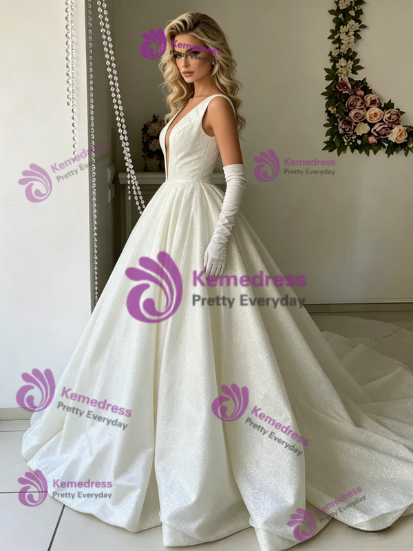 White V-neck Sequins Wedding Dress