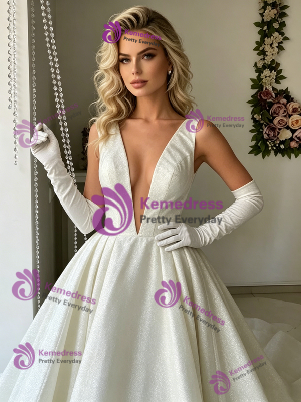 White V-neck Sequins Wedding Dress