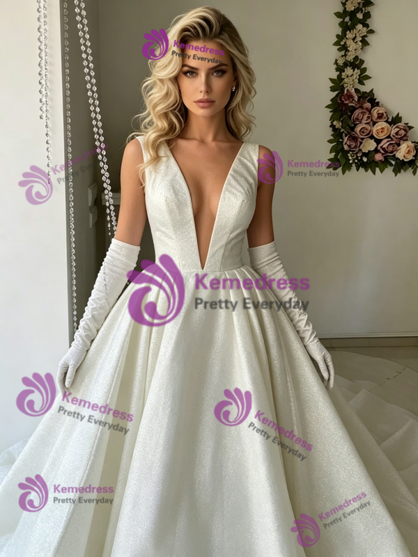 White V-neck Sequins Wedding Dress