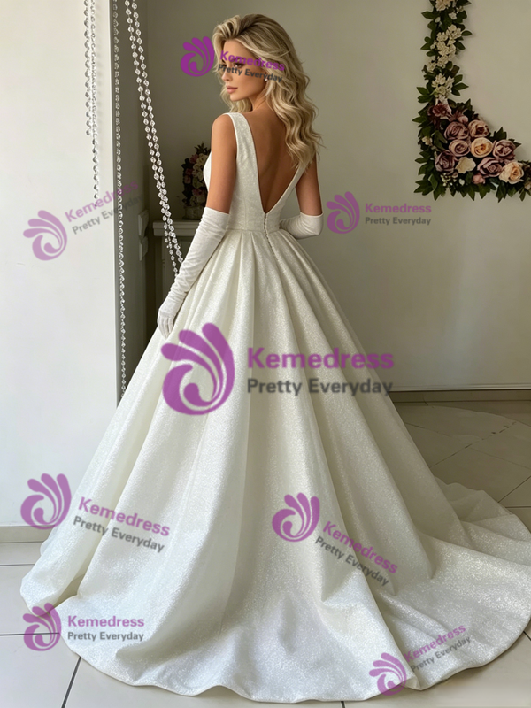 White V-neck Sequins Wedding Dress