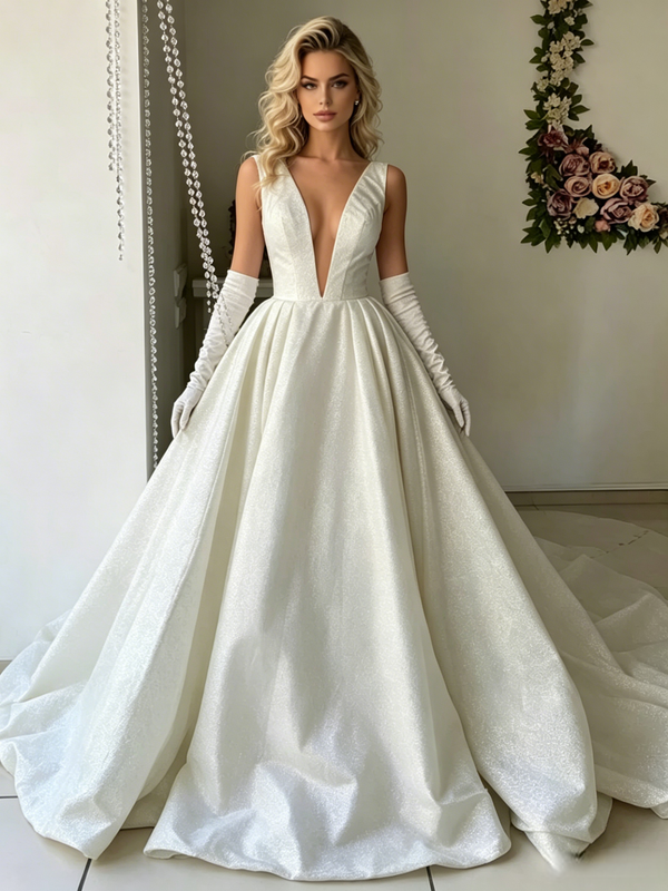 White V-neck Sequins Wedding Dress