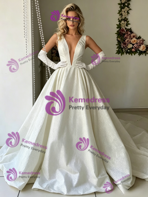 White V-neck Sequins Wedding Dress