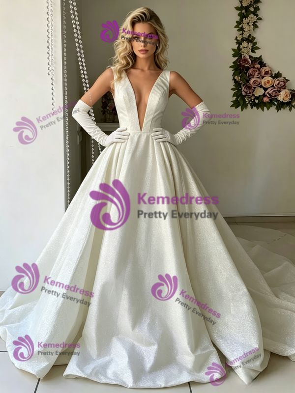 White V-neck Sequins Wedding Dress