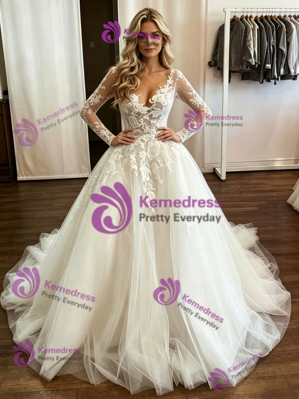 White Tulle Lace Appliques Long Sleeve Wedding Dress