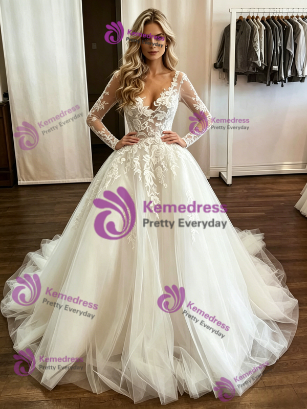 White Tulle Lace Appliques Long Sleeve Wedding Dress