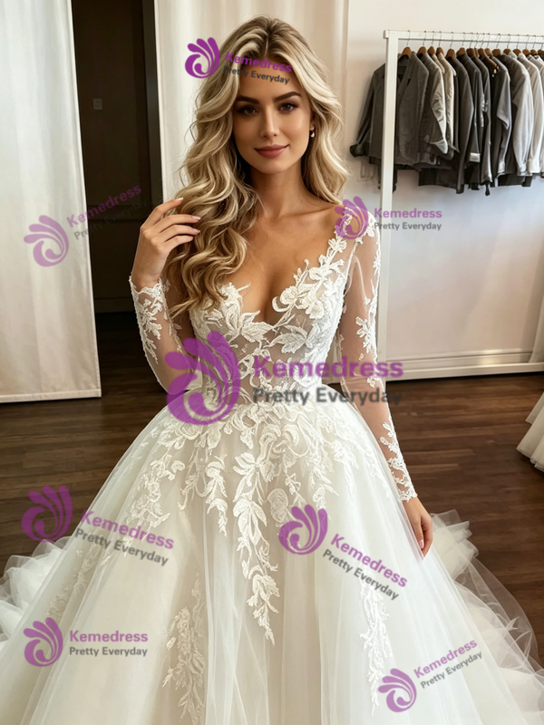 White Tulle Lace Appliques Long Sleeve Wedding Dress