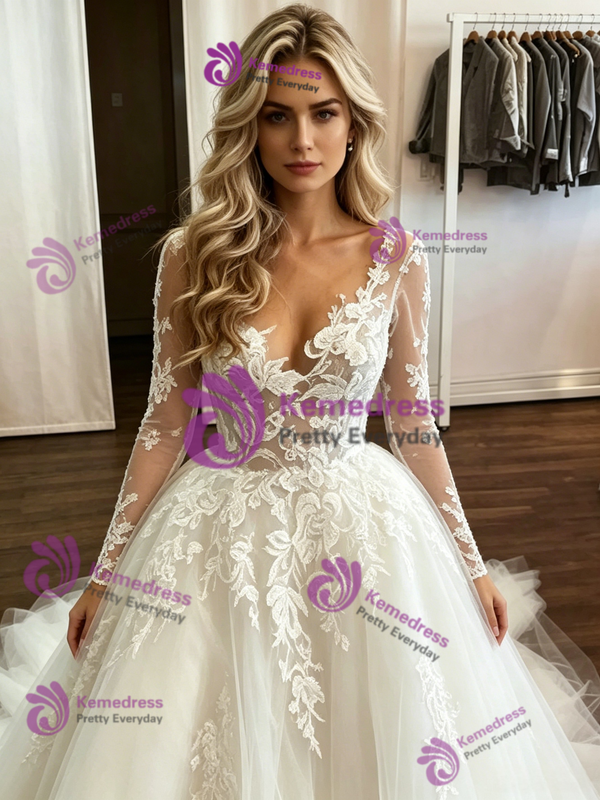 White Tulle Lace Appliques Long Sleeve Wedding Dress