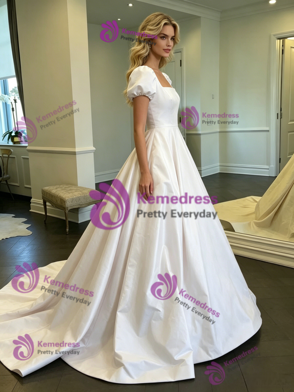 White Satin Square Neck Puff Sleeve Wedding Dress