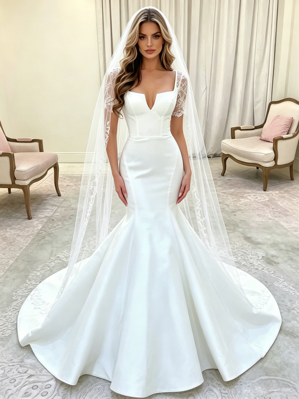 White Mermaid Satin Short Sleeve Lace Wedding Dress