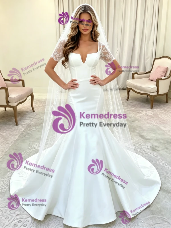 White Mermaid Satin Short Sleeve Lace Wedding Dress