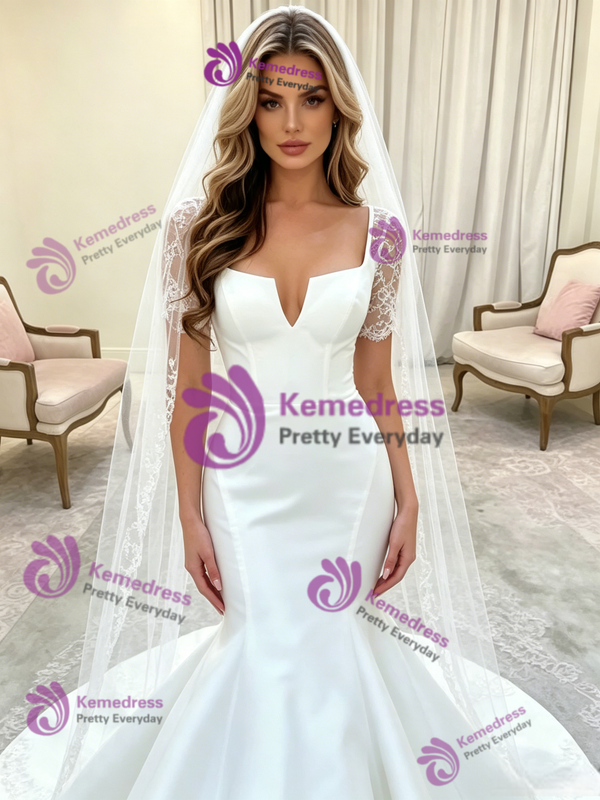 White Mermaid Satin Short Sleeve Lace Wedding Dress