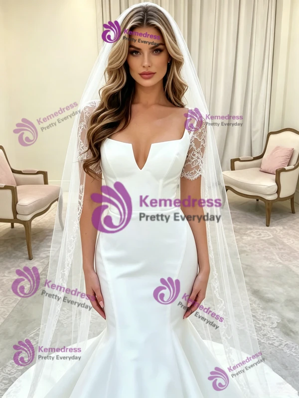 White Mermaid Satin Short Sleeve Lace Wedding Dress