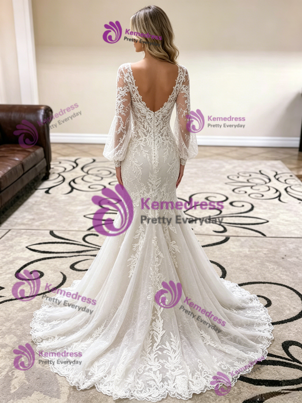 White Mermaid Tulle Lace Long Sleeve Wedding Dress