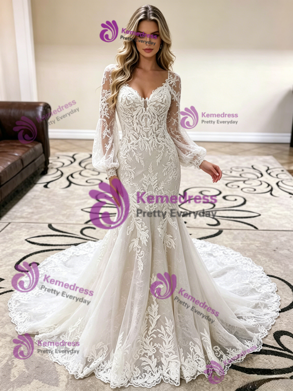 White Mermaid Tulle Lace Long Sleeve Wedding Dress
