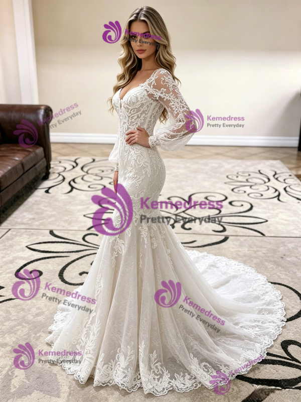 White Mermaid Tulle Lace Long Sleeve Wedding Dress