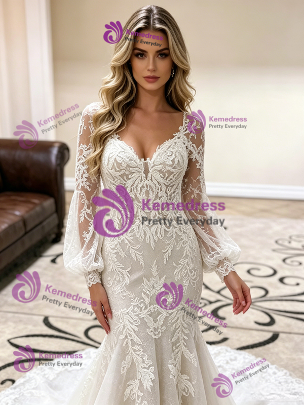 White Mermaid Tulle Lace Long Sleeve Wedding Dress