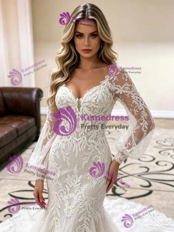 White Mermaid Tulle Lace Long Sleeve Wedding Dress