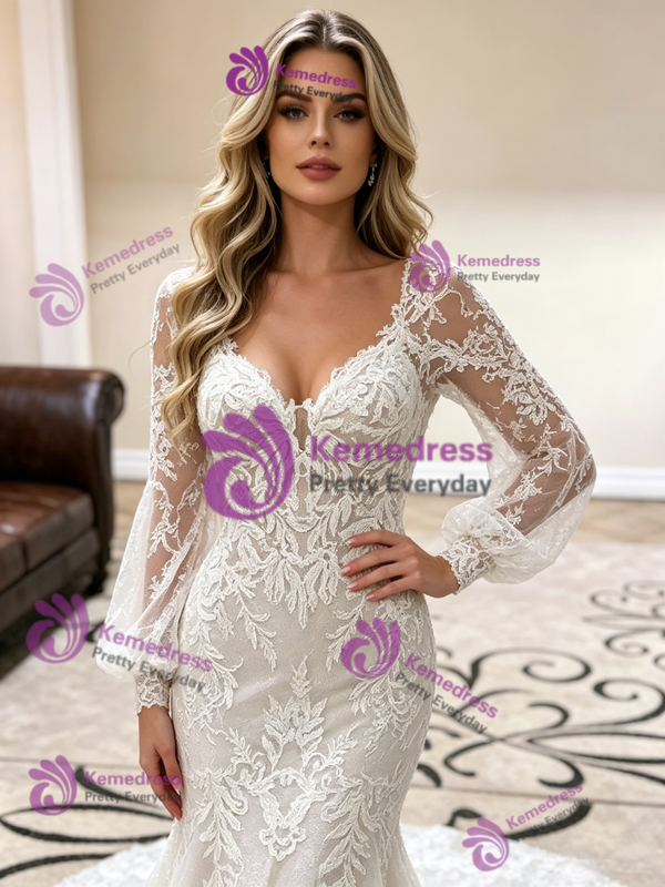 White Mermaid Tulle Lace Long Sleeve Wedding Dress