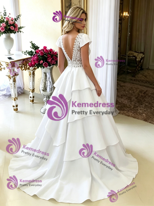 White Deep V-neck Lace Wedding Dress