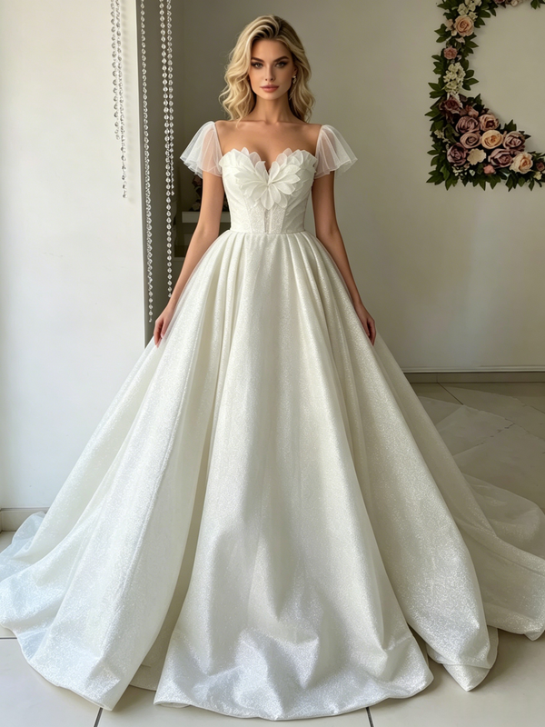 White Tulle Square Neck Wedding Dress