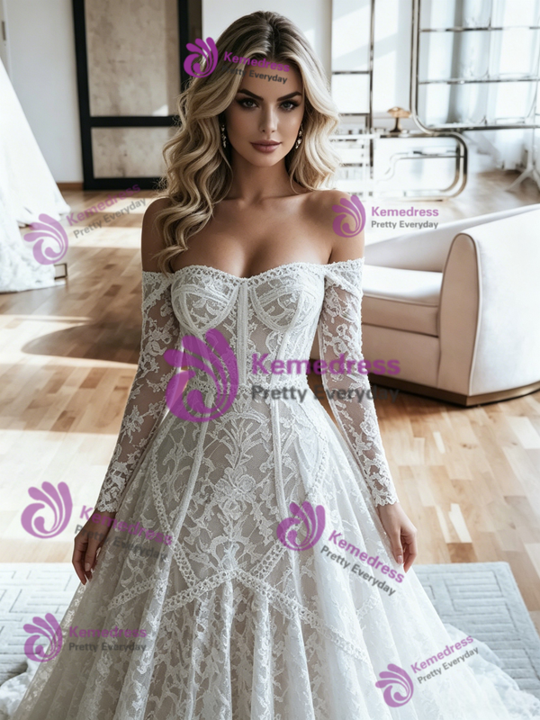 White Lace Off the Shoulder Long Sleeve Wedding Dress