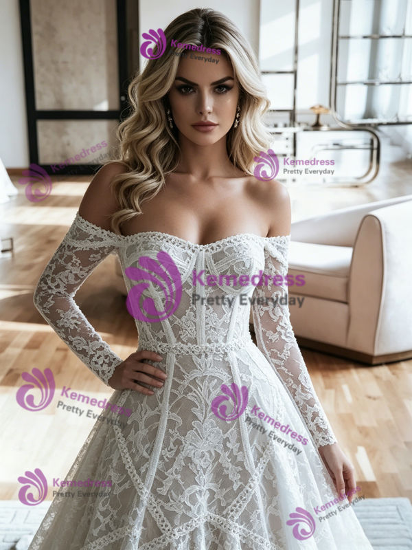 White Lace Off the Shoulder Long Sleeve Wedding Dress