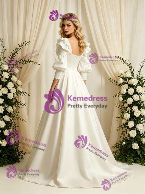 Ivory Satin Long Sleeve Wedding Dress