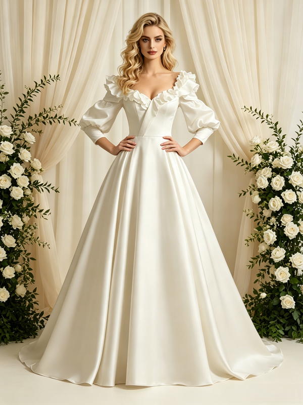 Ivory Satin Long Sleeve Wedding Dress