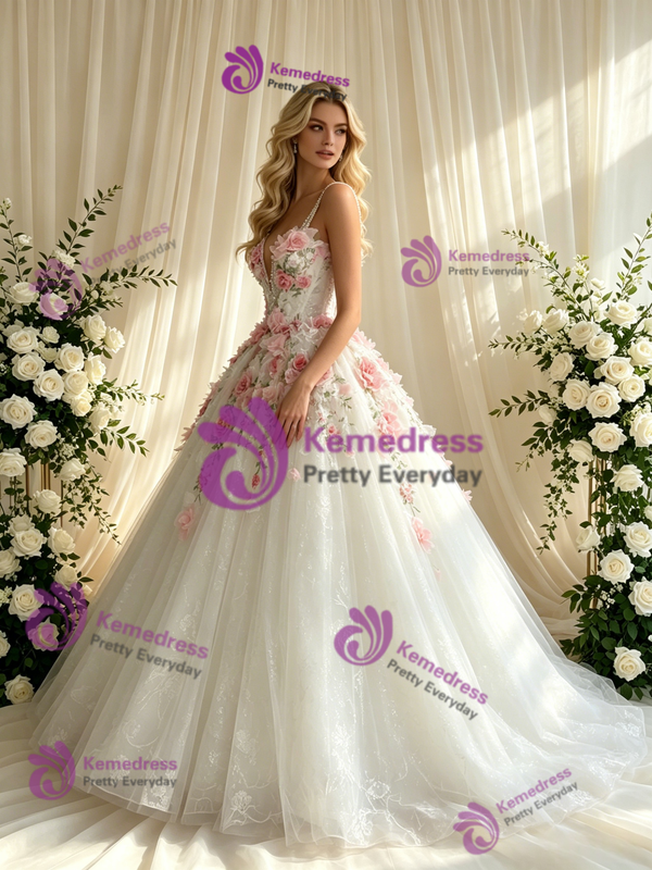 White Tulle Straps 3D Flower Wedding Dress