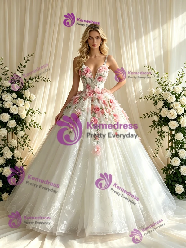 White Tulle Straps 3D Flower Wedding Dress