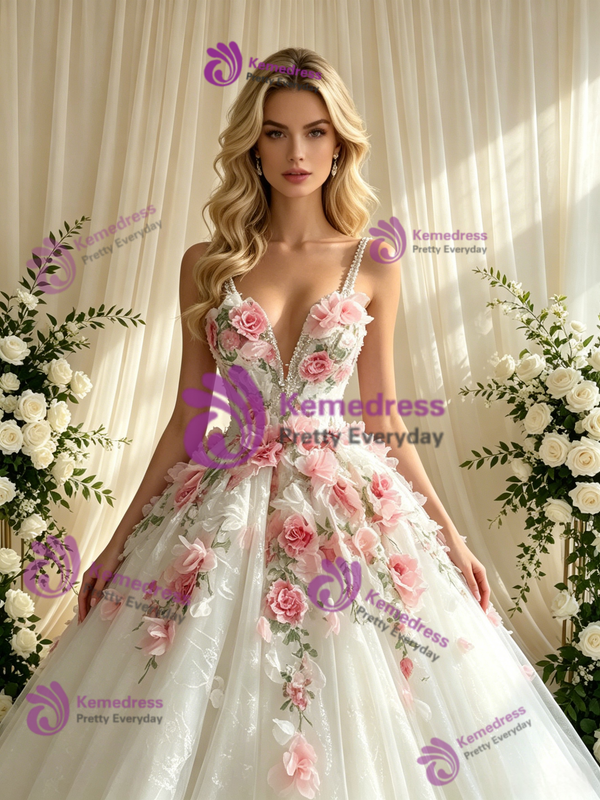 White Tulle Straps 3D Flower Wedding Dress