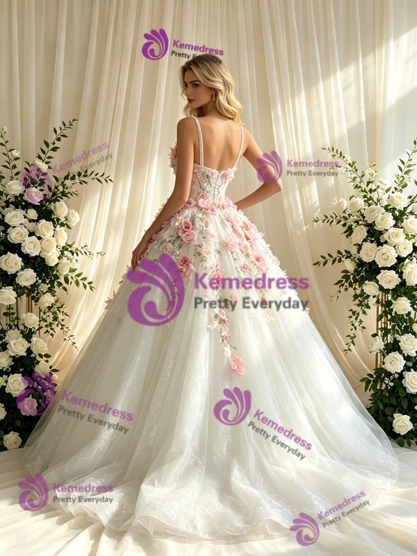 White Tulle Straps 3D Flower Wedding Dress