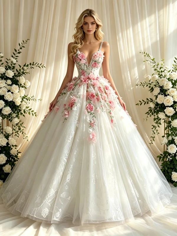 White Tulle Straps 3D Flower Wedding Dress
