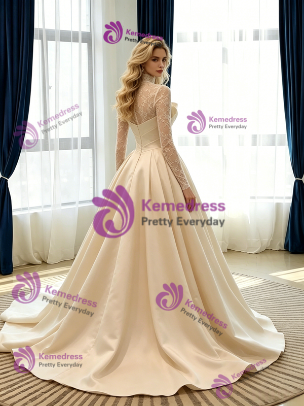 Ivory Satin Long Sleeve Pleats Lace Wedding Dress