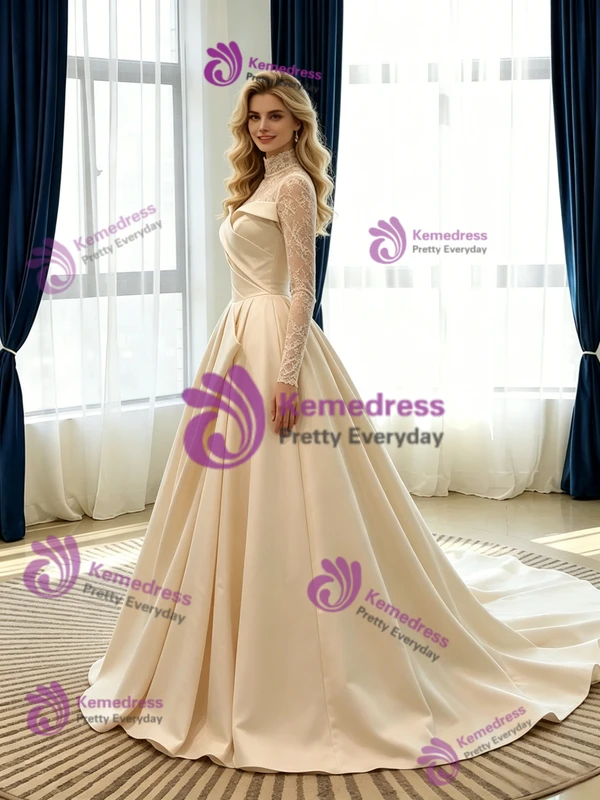 Ivory Satin Long Sleeve Pleats Lace Wedding Dress
