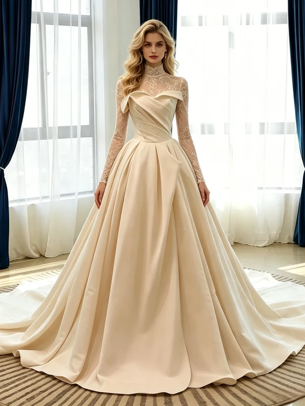 Ivory Satin Long Sleeve Pleats Lace Wedding Dress