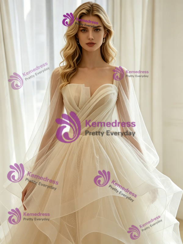 Ivory Tulle Long Sleeve Pleats Wedding Dress